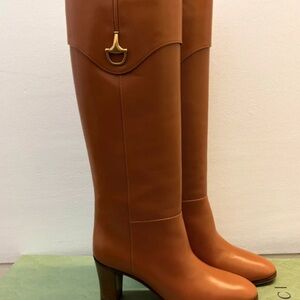 Gucci Brown Leather Heeled Boots with Gold Accent